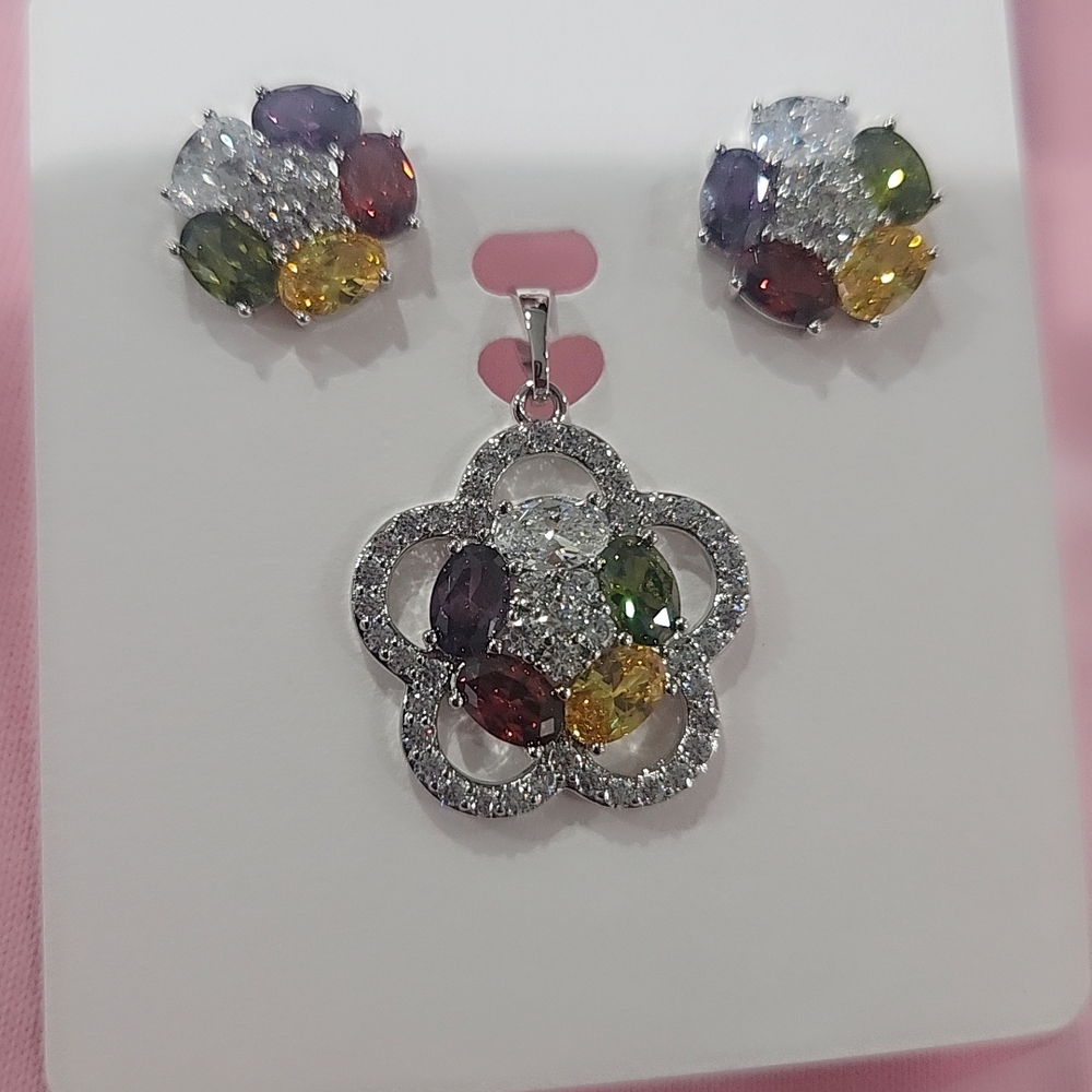 Multicolor Gemstone Flower Jewelry Set